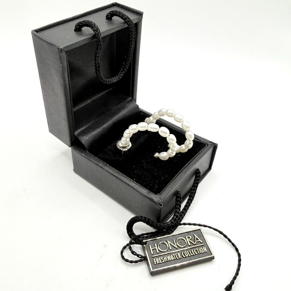 HONORA Freshwater Pearl 925 Silver Open Hoop Earrings White Pearls Original Box